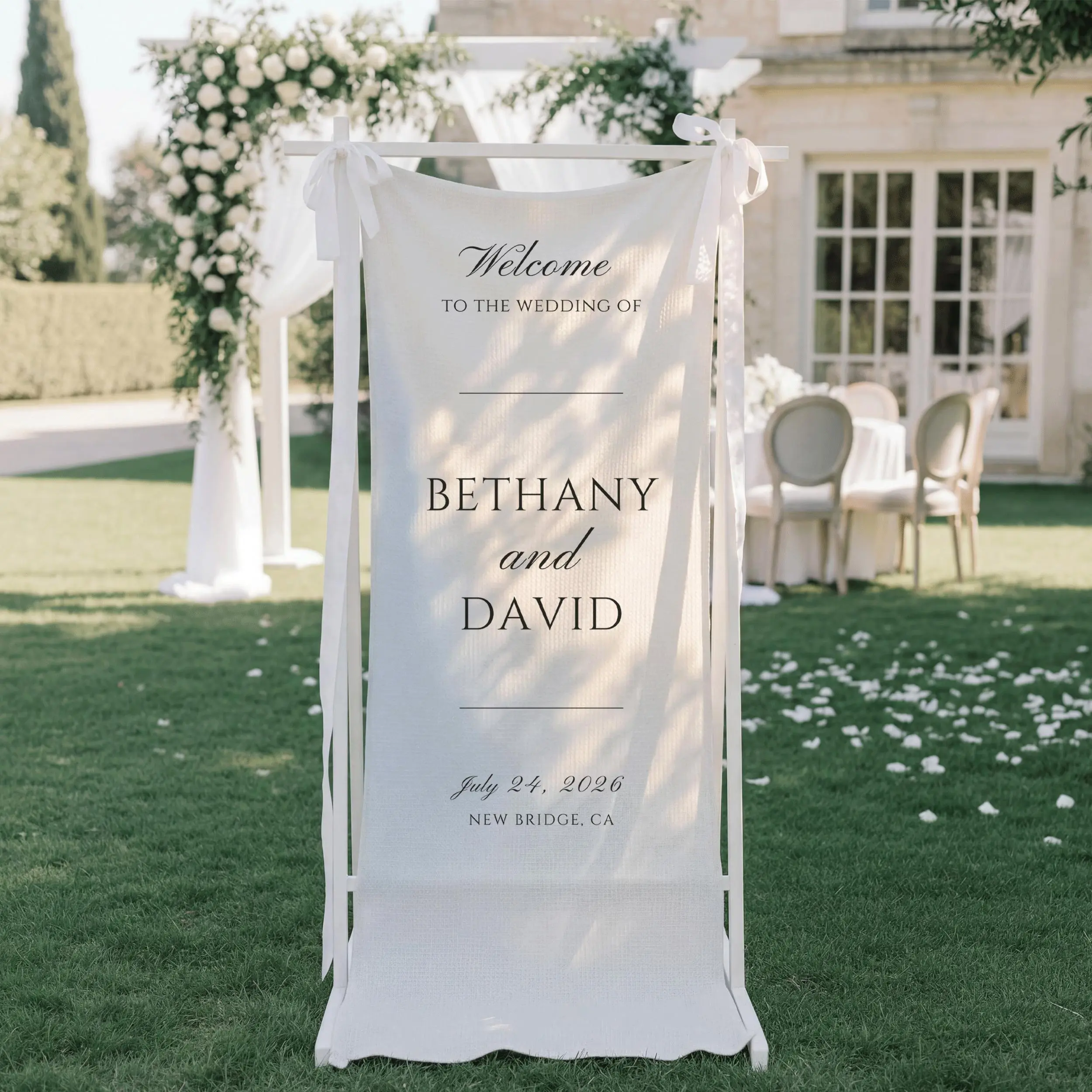 Custom Vertical Wedding Welcome Sign, Personalized Linen Banner with Names for Reception, Rehearsal Dinner, Engagement Party, Anniversary, Gift for Couple