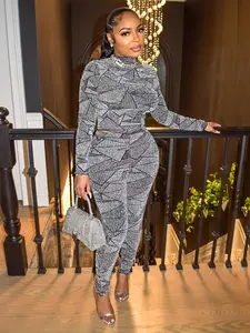 Women's All Over Geometric Print Jersey Crop Top & High Waist Skinny Pants Set, Casual Long Sleeve Mock Neck Top & Leggings, Women's Spring & Fall Outfits, Fall Clothing Women, 2 Piece Sets Women Valentine's Day, gift