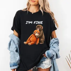 Sad Monkey Punch with an Orange Toy I'm Fine Funny Trend T-Shirt,Cute Monkey Shirt for Gift, Animal Lover Gift, Cute Trendy Shirt