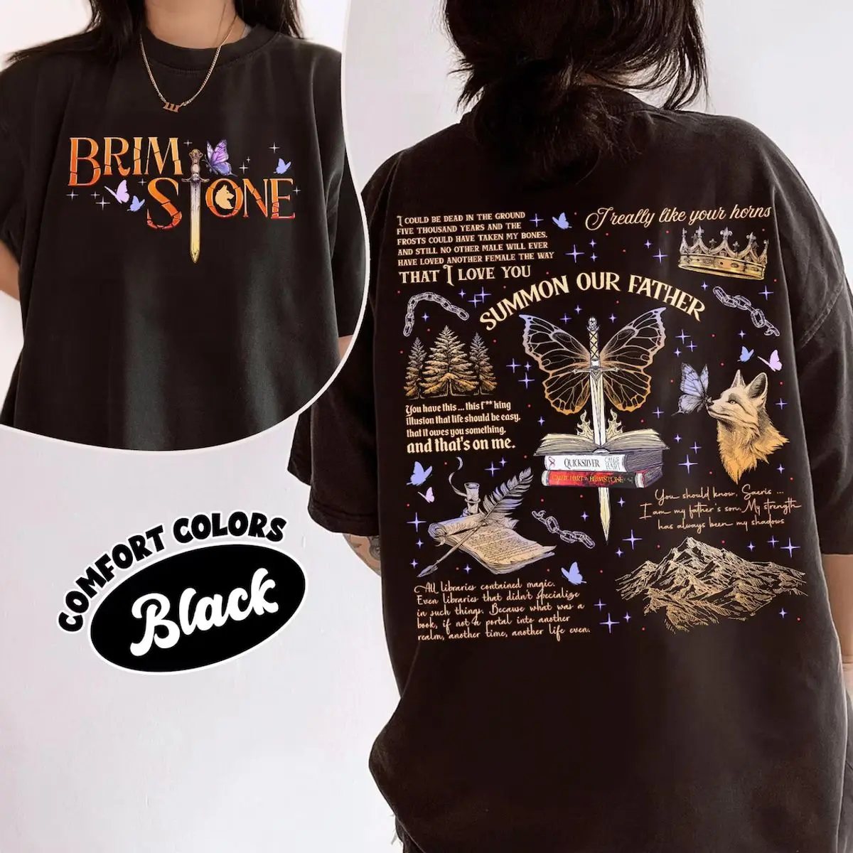 Comfort Colors Quicksilver Brimstone Two Sided Shirt, Fae And Alchemy Fantasy Tshirt, Moon Wolf Butterfly Witchy Quote Tee, Book Lover Gift, Unisex Garment-Dyed Tee, Crewneck Top