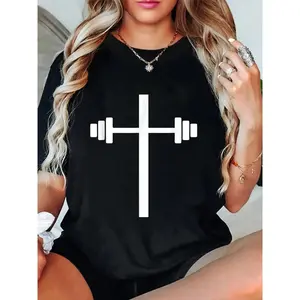 100% Cotton Barbell Dumbbell Cross Christian Jesus Gym Workout Lifting T-Shirt01