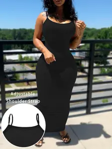 Women's Sleeveless Spaghetti Strap Maxi Dress, Plain Fitted Adjustable Minimalist Design, Casual Comfortable Wear, Perfect for Daily, Made in China