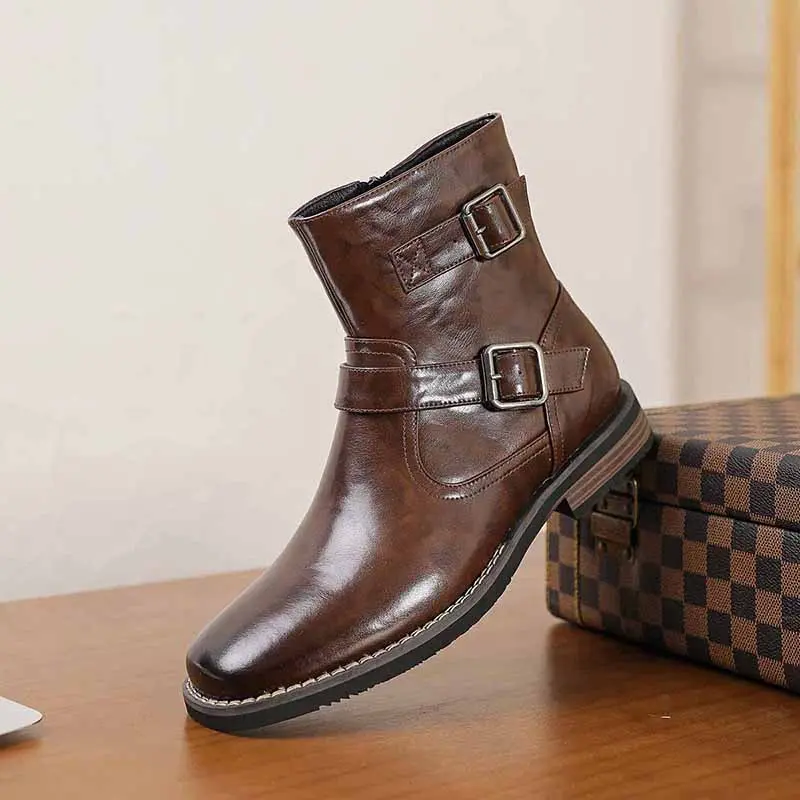 CYUW men’s retro mid-calf boots with side zipper, dual buckle detailing, square toe design—a trendy streetwear staple for all seasons, urban street footwear