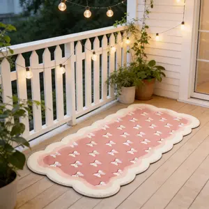 French Romantic Wave Stripe Bow Heart Print Carpet Mat, Soft Easy Care Rug for Living Room Bedroom, Home Decorative Rug