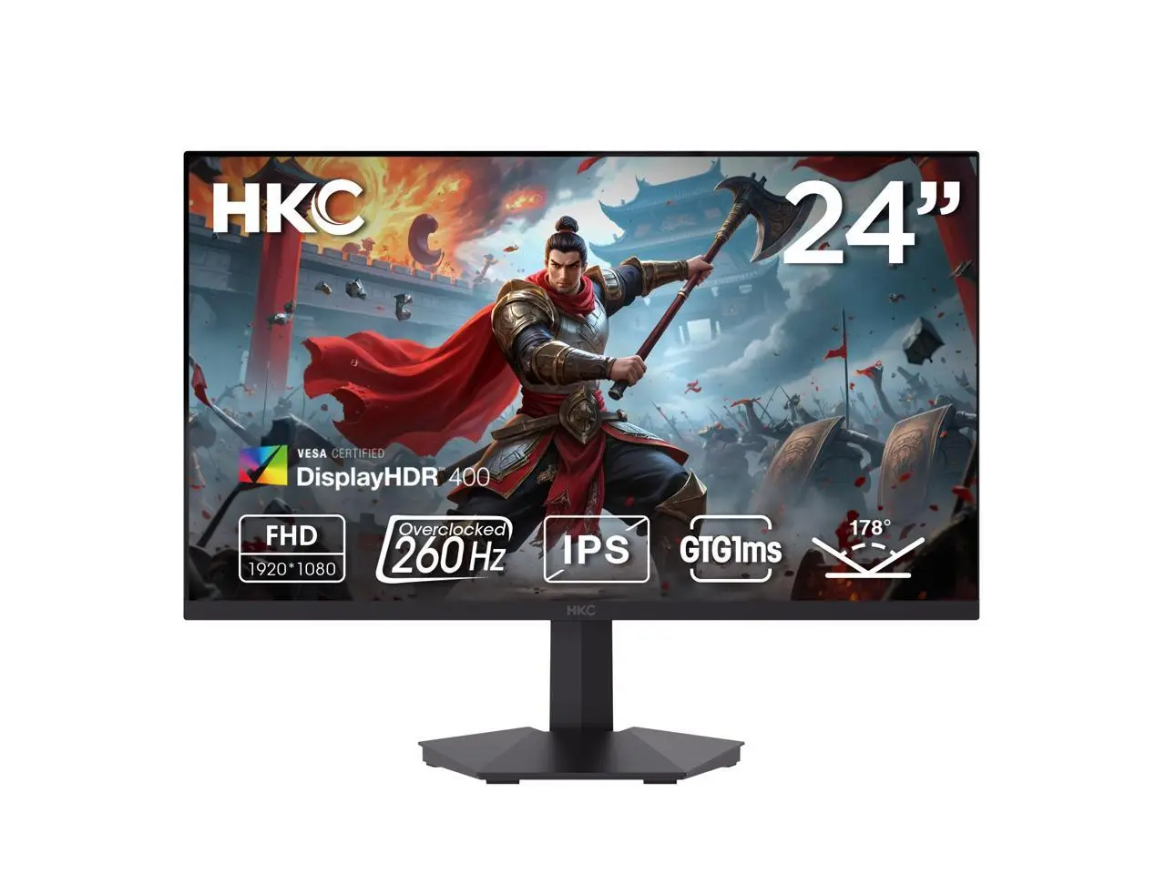 HKC G24H3D 23.8" 1920 x 1080 260Hz Gaming Monitor, Full HD Fast IPS Display, 1ms MPRT, 90% DCI-P3, HDR400, HDMI 2.0 + DP 1.4, Hardware Low Blue Light, Tilt Adjustable, VESA Mount – Black