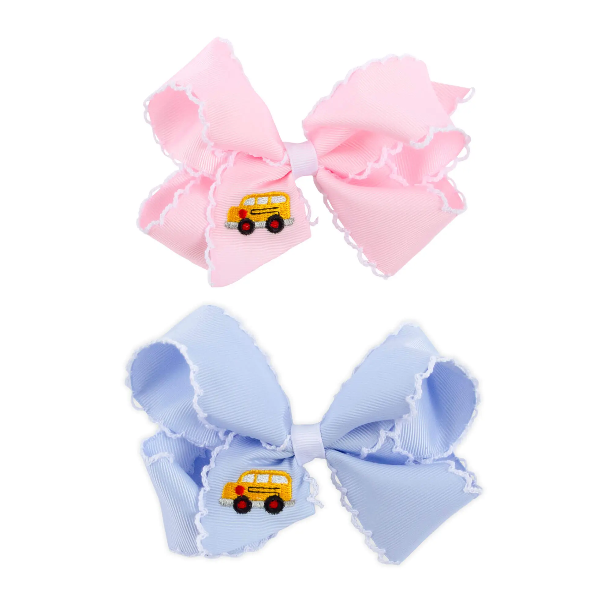 School Bus Embroidered Moonstitch Hair Bow - Pink or Blue School Accessory for Girls