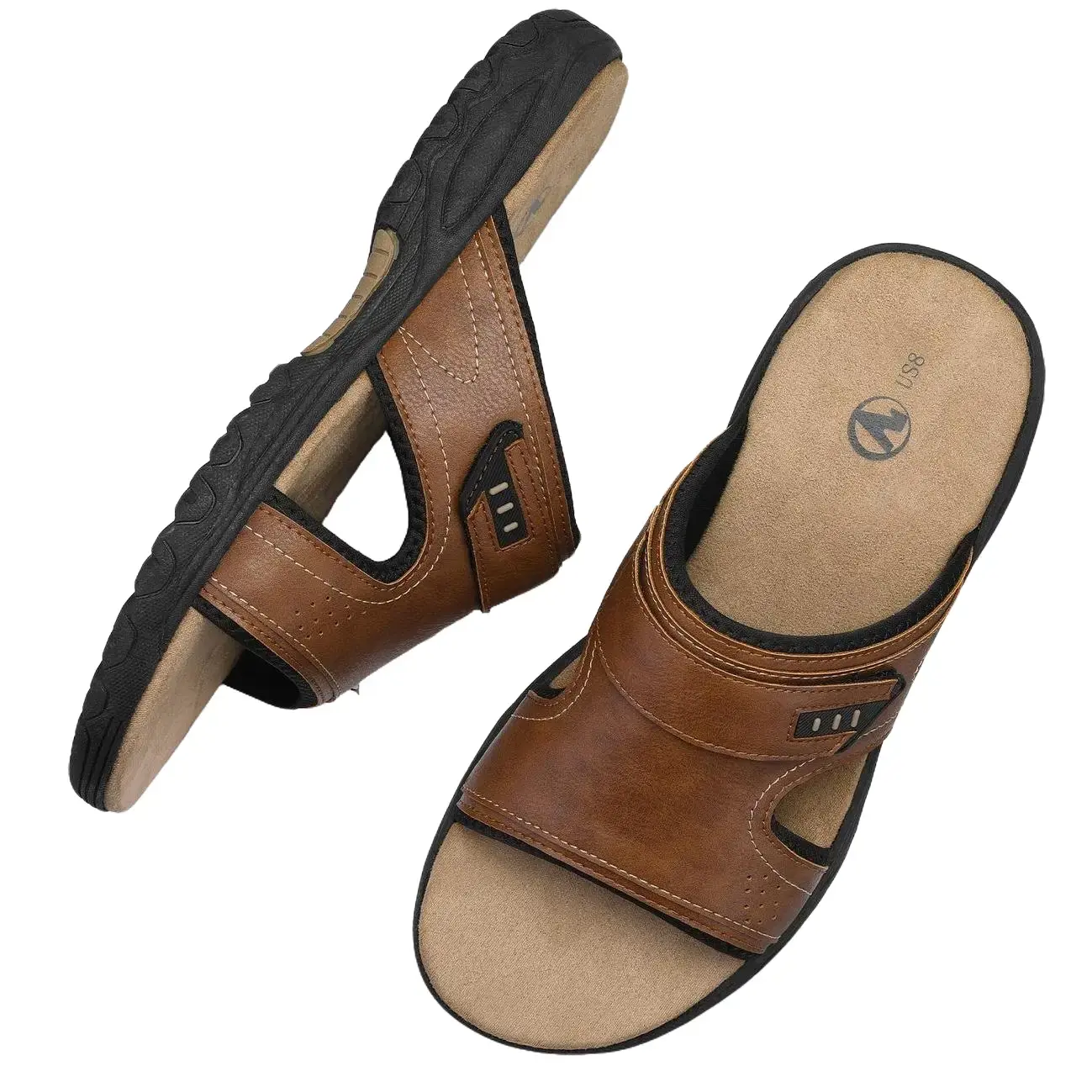 SHOESLOCKER Men's Leather Slide Sandals, Casual Slip-On Footwear with Adjustable Velcro Strap, Open-Toe Comfort for Summer Beach Use, Brown tiktokshopbacktoschool