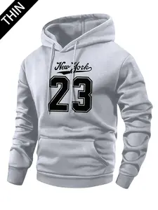 Men's Spring/Fall Lightweight Long Sleeve Pocket Hoodie with Personalized New York Letter & Number 23 Print, Trendy Casual Sports Streetwear Brand, Perfect Outdoor Headwear for Husband or Boyfriend, Gift Idea