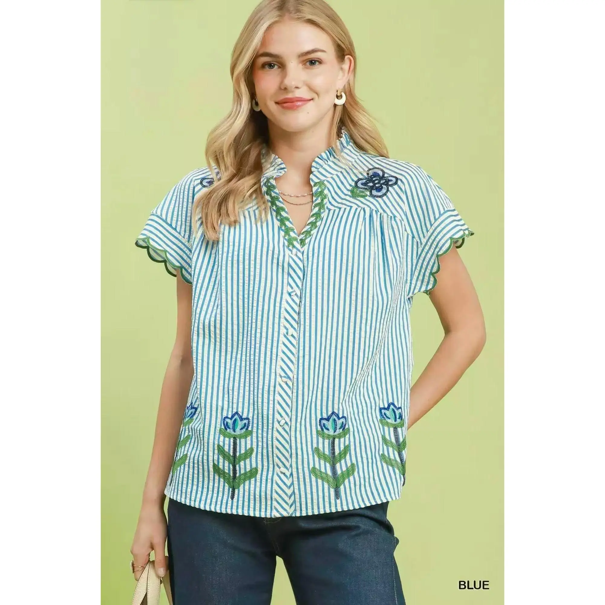 Umgee Embroidered Stripe Button Front Top