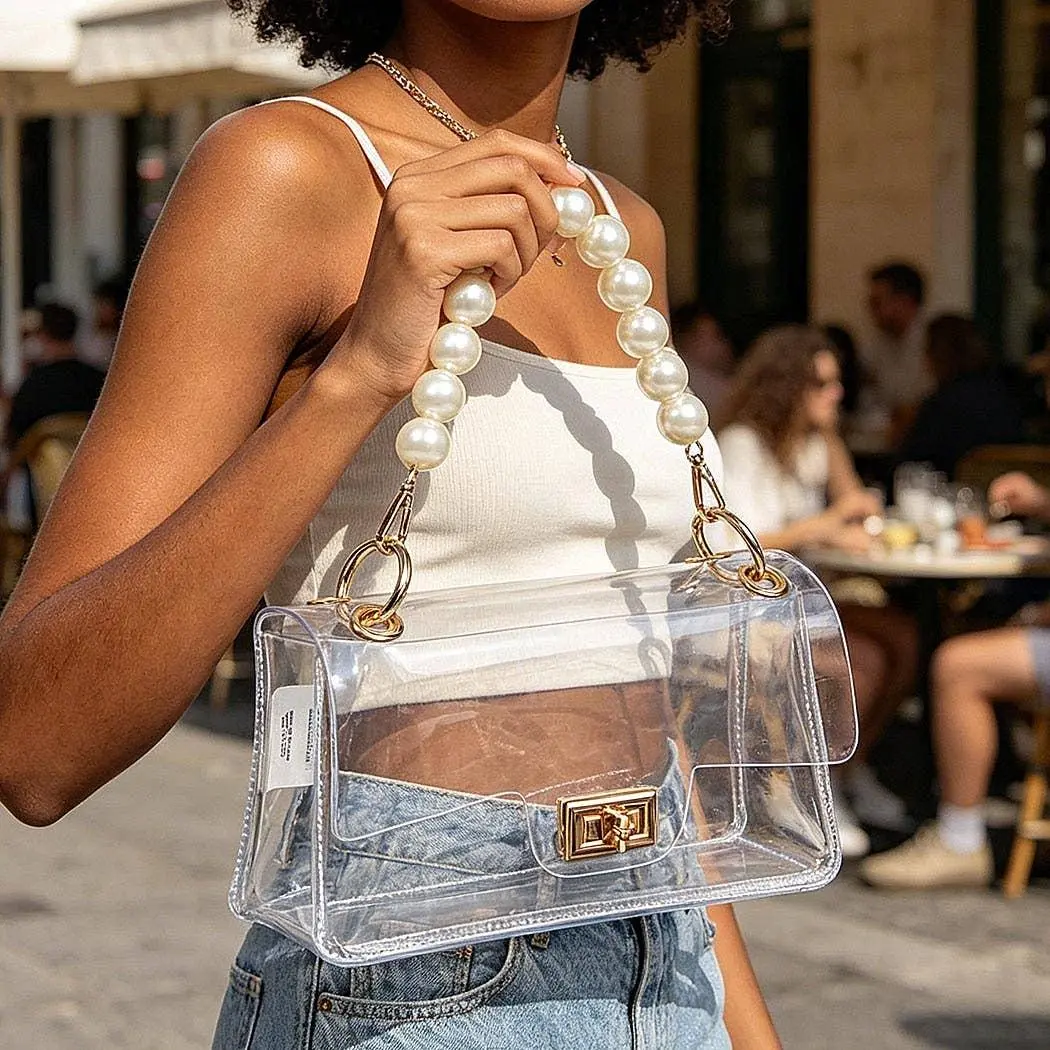 Transparent Cross body Bag W/ Pearl Chain