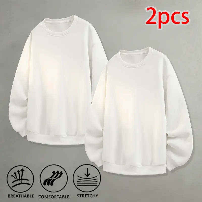 Pure white crewneck sweatshirt two-piece set, loose fit lightweight fleece pullover top, basic blank apparel for students’ everyday school and street wear.