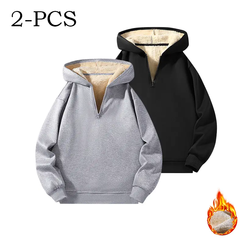Men's Soft Plush Hoodie - Plain Half-Zip Fleece Pullover Tops, Ribbed Hem, Straight Loose Stylish Thermal Sweatshirt for Casual Winter Layering, Menswear