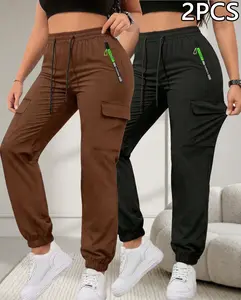 Women’s cargo jogger pants with zippered pockets for spring/summer, available in 1-pack or 3-pack. Featuring a fashionable large pocket design and an elastic waistband with an elastic drawstring waist, these are slim-fit long pants suitable for casual out
