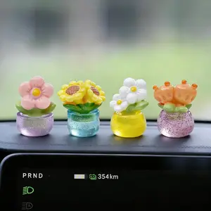 4pcs/1 set Cute Mini Flower Pot Car Dashboard Decorations, Glitter Resin Floral Car Ornaments,Car Interior Gifts for Women, Car Lovers
