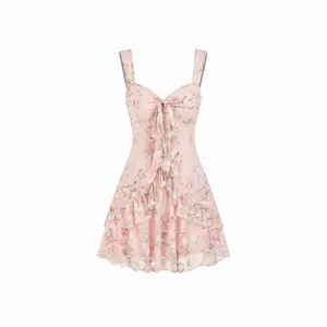 Cider Lace Floral Sweetheart Tiered Mini Dress Dealsforyou