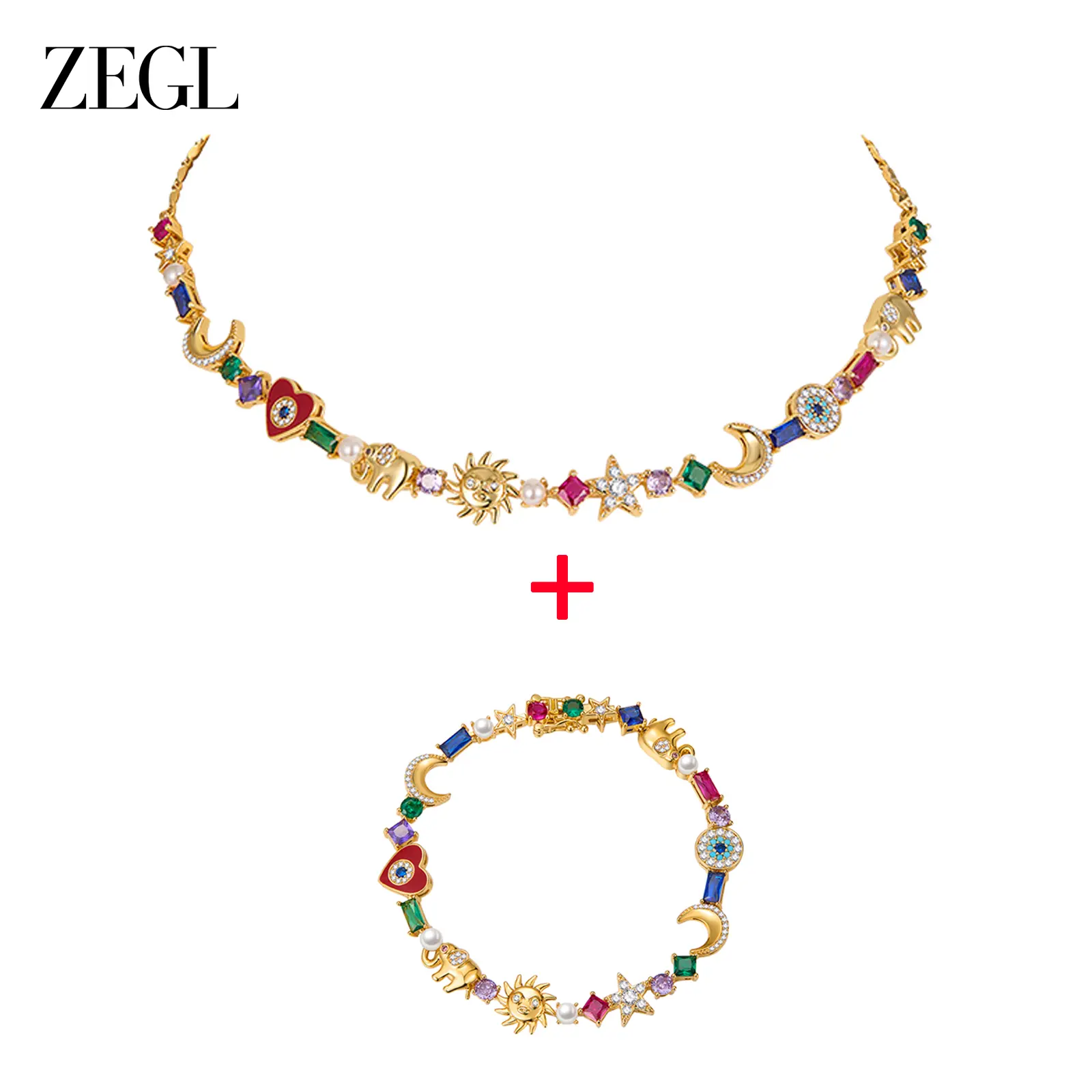 Buy One, Get One Free: 14K Gold-Plated Women's Necklace + Layered Lucky Elephant Women's Bracelet — Evil Eye, Moon & Stars, Rainbow, and Cubic Zirconia Bracelets. Perfect for Valentine's Day, Birthdays, and Mother's Day Gifts