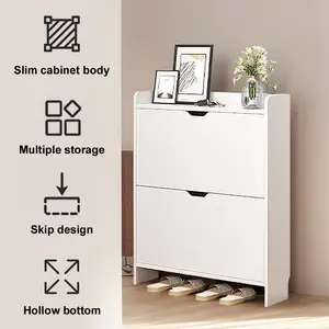 2-Tier Wooden Entrance Shoe Cabinet with Flip Drawers Shoe Organizer Cabinet Narrow Shoe Storage Cabinet for Bedroom Living Room Design Interior