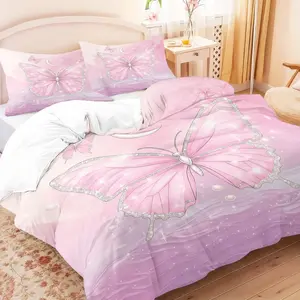 3pcs Pink Butterfly Print Bedding Set, Including 1 quilt cover & 2 Pillowcase without Filler, Soft Comfortable Bedding Set for Home Bedroom, Soft Bedding Sets, Bed Sets Supplies