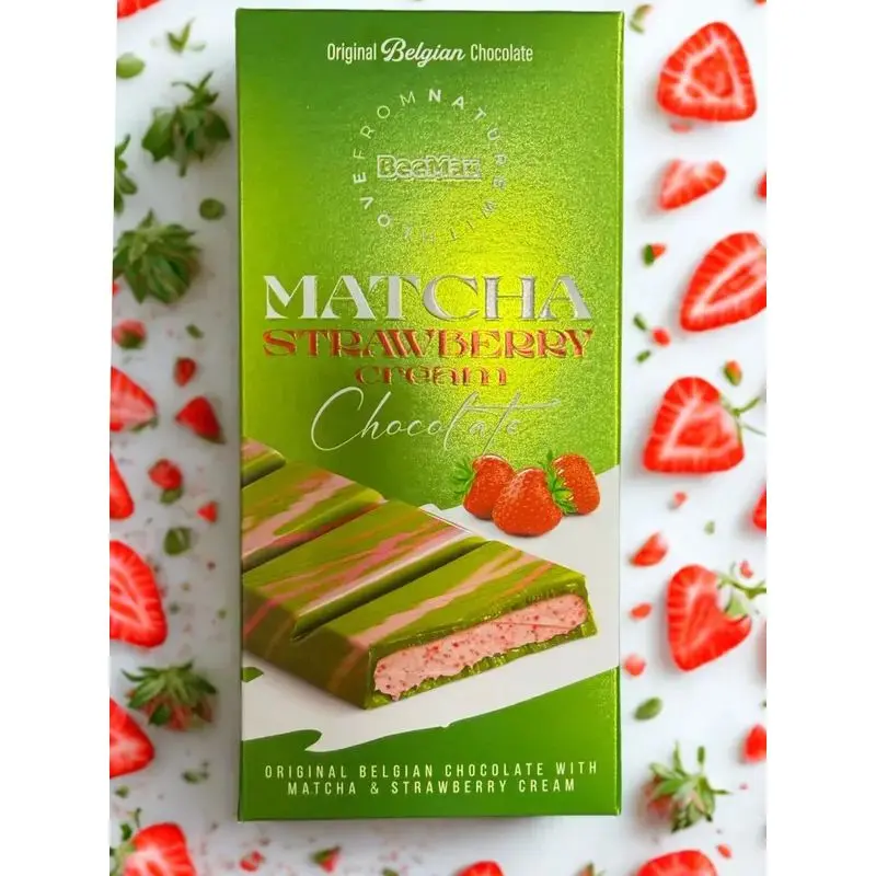 Beemax Matcha Strawberry Cream Chocolate Bar - Premium Imported Milk Chocolate Filled with Matcha Green Tea & Strawberry Cream - Luxurious Middle Eastern Candy, Gourmet Sweet Gift Treat Snack Dessert