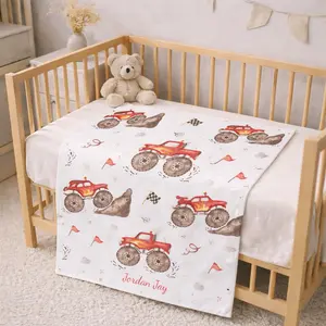 Personalized baby name Red Monster Truck Pattern Velveteen Plush Blanket | Kids Racing Design, baby gift, baby shower gift, newborn gift