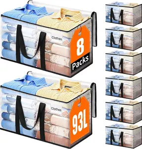 Extra Large Heavy Duty Moving Bags – 93L Clear Storage Totes with Strong Zippers & Handles for Home, Dorm & Moving (8 Pack)