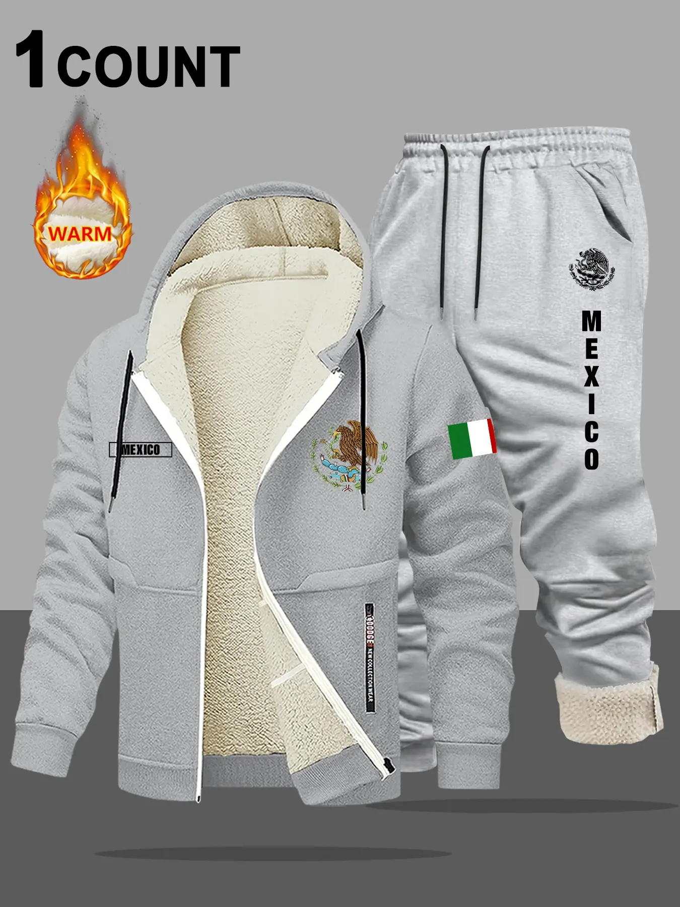 Men's Fleece Lined Hoodie and Pants Set, Mexican Flag Letter Print Design, Comfortable Sportswear 2 Piece Set, Casual Outdoor Wear