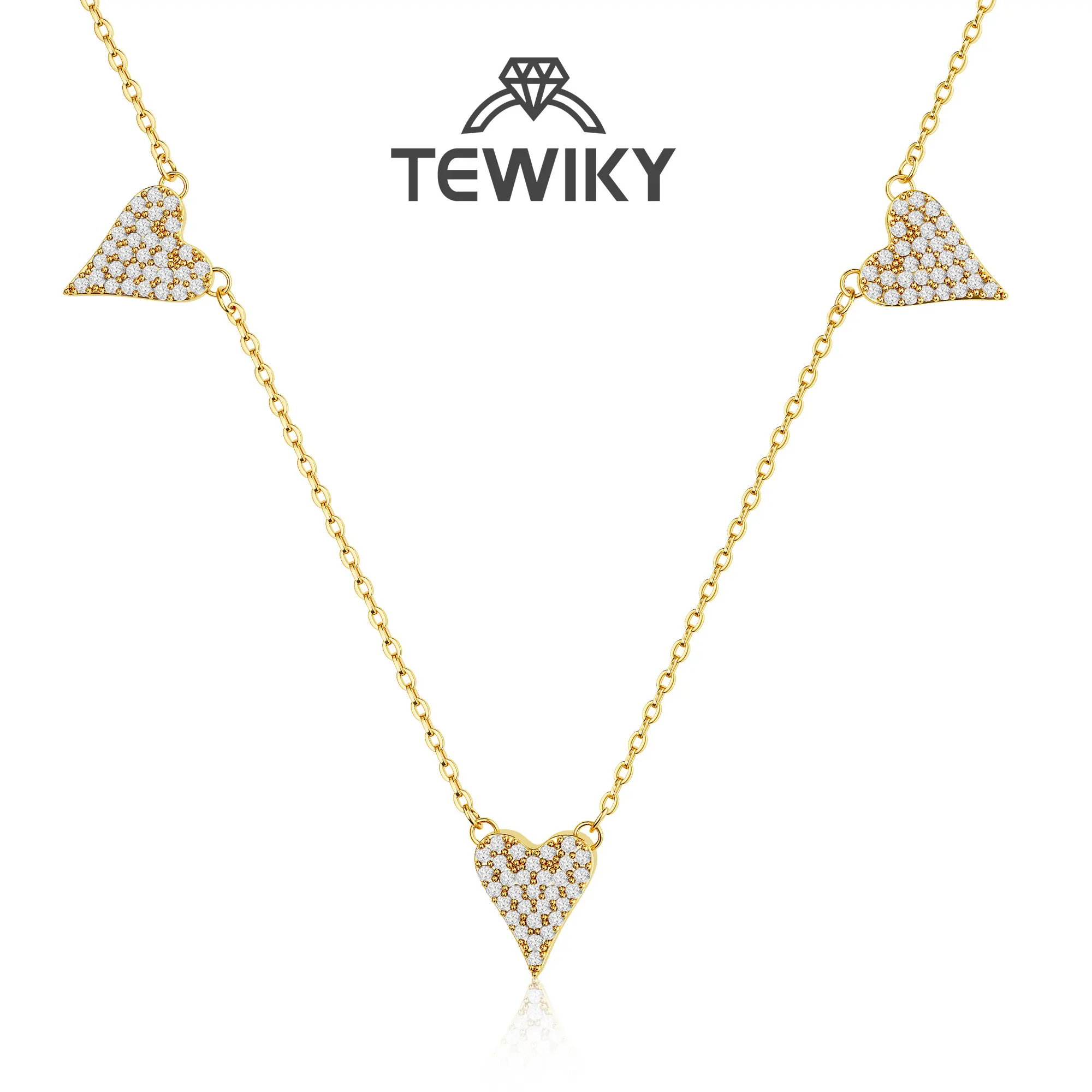Tewiky Women's Gold 3-Zircon Heart-Style Chain Necklace, Exquisite Trendy Pendant, Zircon Stones Jewelry for Valentines Day Meaningful Gifts, Summer Accessory