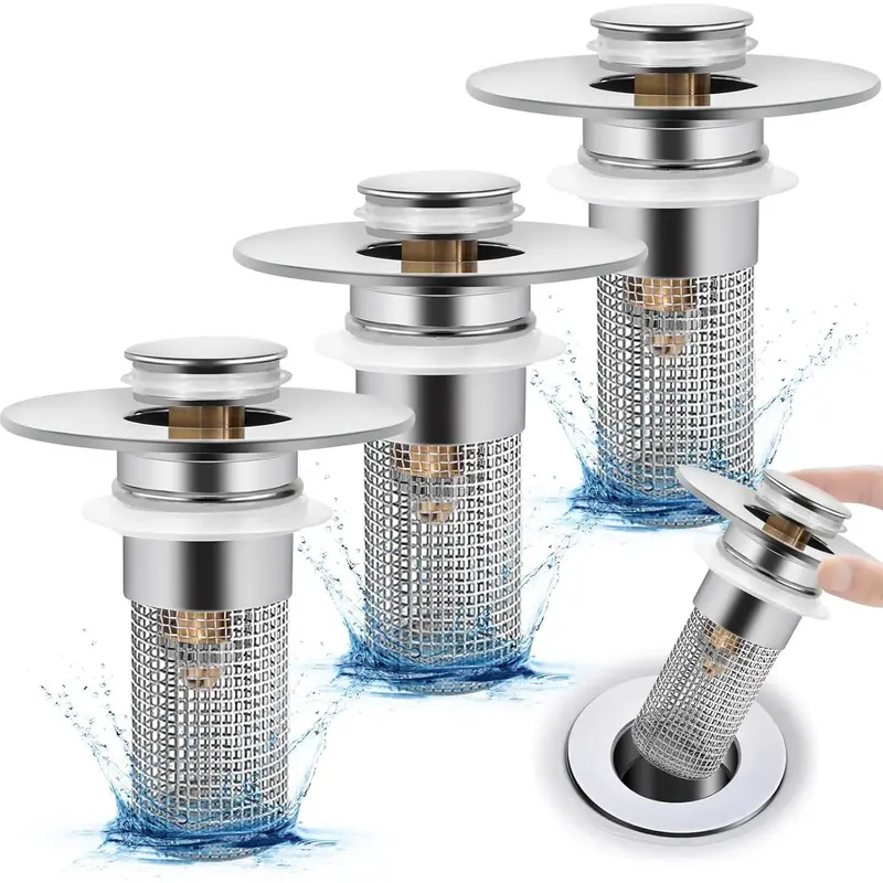 Pop-up bathroom sink drain stopper with removable stainless steel strainer basket to catch hair and prevent clogs.