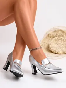 Silver Color Pointed Toe Women's Chunky Heel High Heels, Metal Buckle Elegant Single Shoes, Office Commute Versatile Heeled Shoes, Dress Formal Shoes