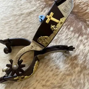 Antiqued Brown Pair Adult Size Western Spurs Praying Cowboy Design