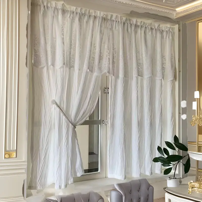 French Style Tailored Sheer Curtain with Light Luxury Wrinkled Tape, Simple White Translucent Non-See-Through Window Curtain for Bay Window Finished Sheer Curtain
