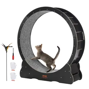 VEVOR Wooden Cat Exercise Wheel,  , 43.3" Large Cat Treadmill Wheel for Indoor Cats, Cat Running Wheel with Detachable Carpet & Cat Teaser for Running/Walking/Training, Suitable for Most Cats Black