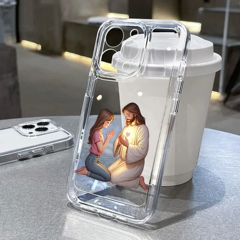 Jesus and Little Girl Praying Transparent Soft Phone Case for iPhone 17,16,15,14 Pro Max,13,12,11,Air,XR,XS,E,Plus - Anti-Yellowing,Shockproof,Lightweight Smartphone/Cellphone/Handheld Device Protection Cover, Devices