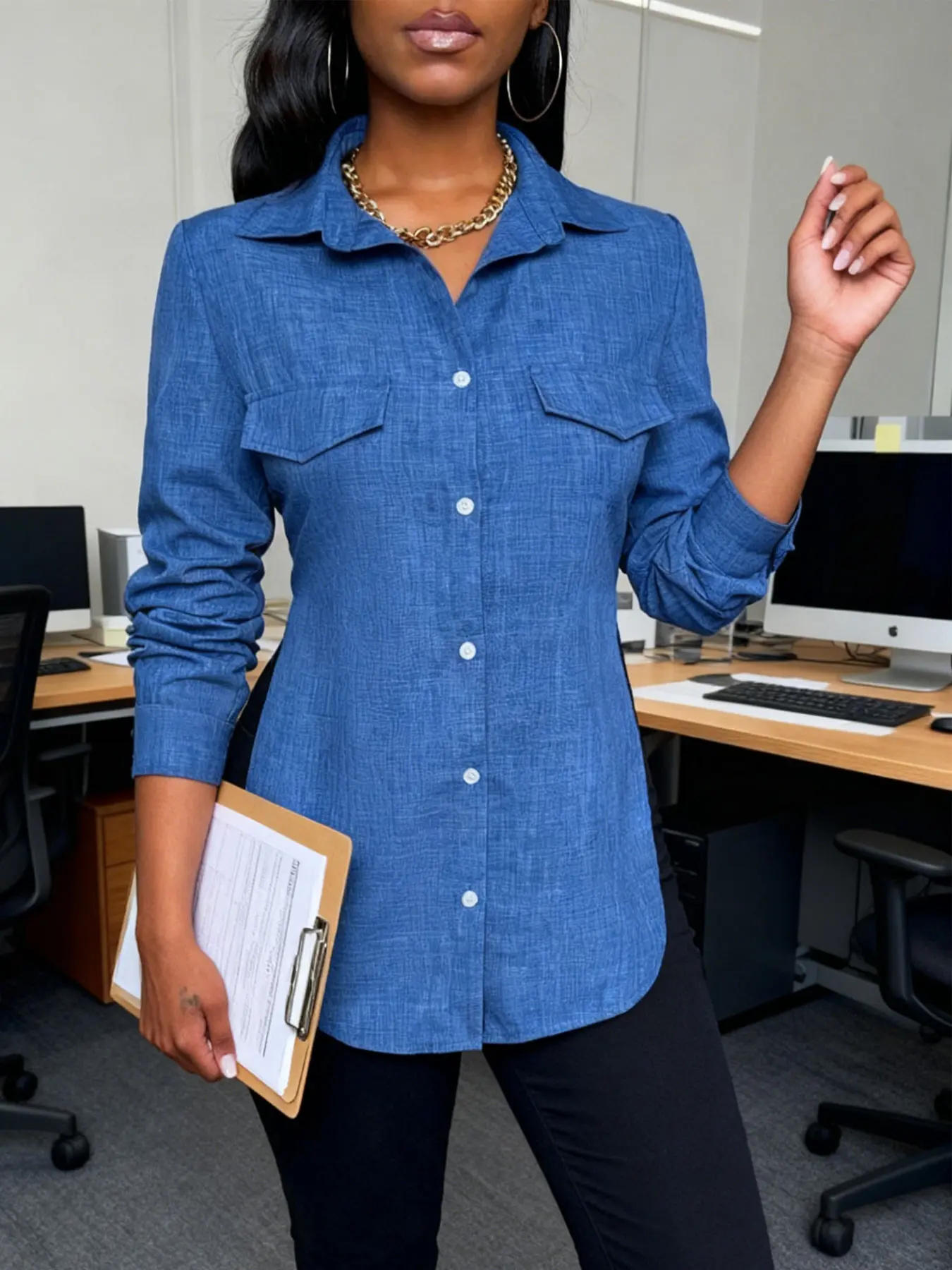 A ladies' blue button-down Collared shirt Blouse with a pocket decoration and long sleeves, suitable for all kinds of office wear.