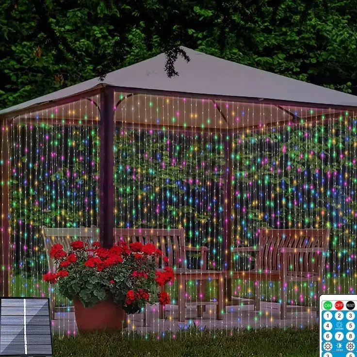 Upgraded 300LED Solar Outdoor Curtain Fairy Lights - Remote Control, 8 Modes, Dimmable, Timed, IP65, Energy-Saving, Durable, Romantic Ambience for Patio, Valentines Day, Gift Idea (Warm White & Multicolor)