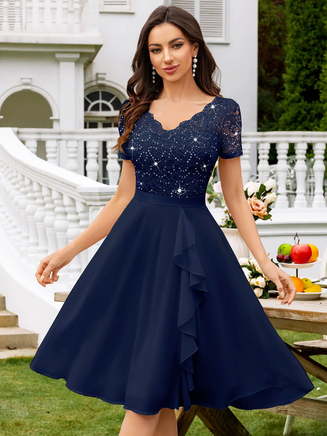 Miusol Women's Elegant Formal Cocktail Dress, V-Neck Fit and Flare with Short Sleeves, Floral Sequin Lace and a Chiffon Ruffle Hem, Formal Dresses For Women, Elegant Dresses For Women