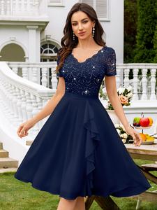 Miusol Women's V-Neck Short-Sleeve Chiffon Formal Elegant Dress - Sequin Inserts, Ruffle Trim, Contrast Lace, Solid Swing Silhouette for Evening Party, Wedding Guest