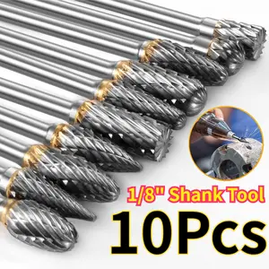 10Pcs Carbide Burr Set Compatible with Rotary Tool Die Grinder Bits Rotary File Rasp with 1/8" Shank Tool Accessories for Attachments Cutting Burrs Metal Grinding Engraving Porting Double Cut