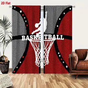 2D Flat Basketball Themed 2-Piece Window Curtain Set, Red Gray Color Scheme with Black Lines and Gray Dots, White Basketball Player Dunk Silhouette and Hoop Net, Bold 'BASKETBALL' Text, Sporty Graphic Design for Kids' Bedroom Living Room Decor