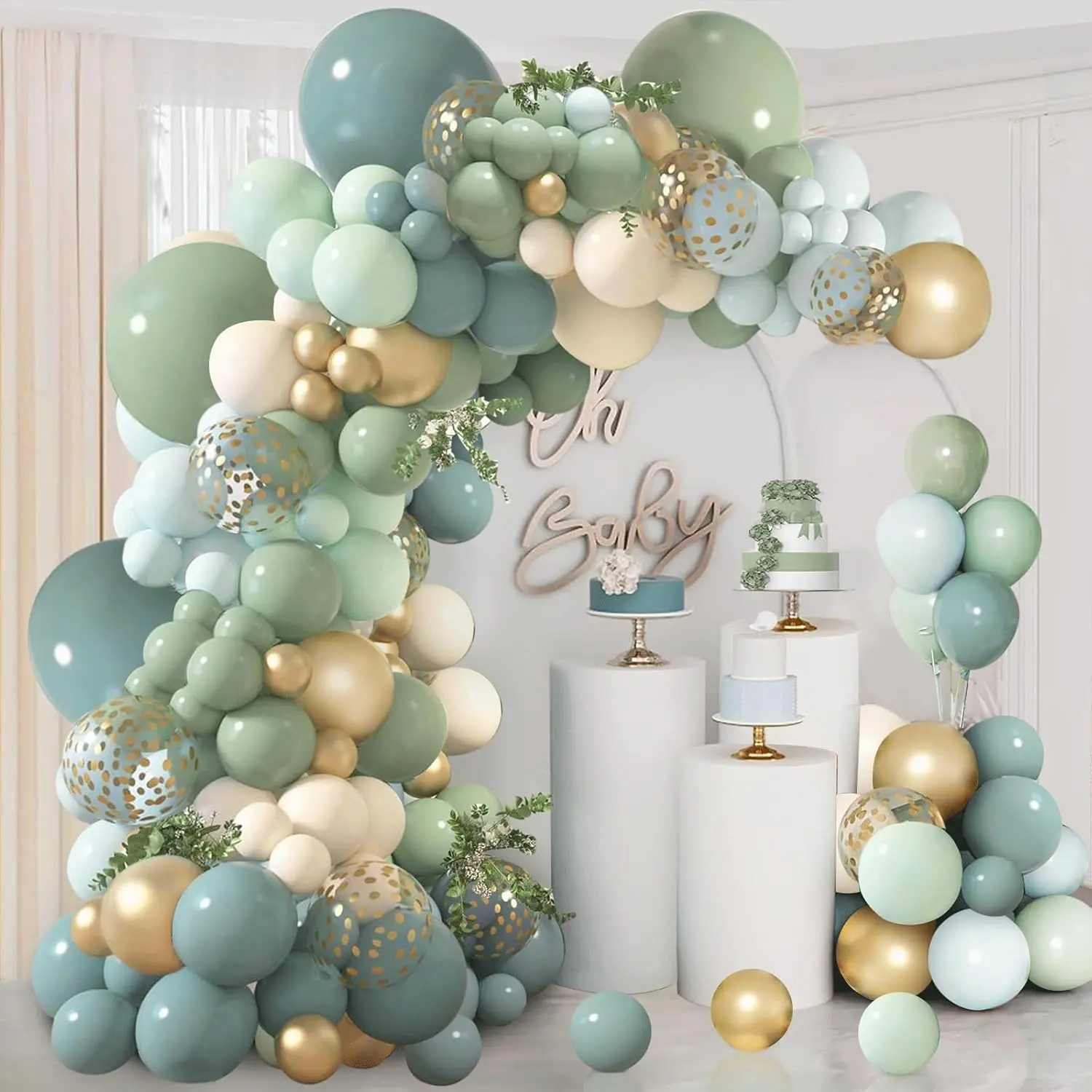 Dusty Blue-Sage Green Latex Balloon Arch & Garland Kit (144 Pcs) - 27pcs Dusty Blue, 20pcs Gold Metallic, 10/5 Inch Multi-Size Cluster Balloons with Stickers, Tape, Pump, Confetti for Wedding, Boho Party Backdrop Decorations, Safe