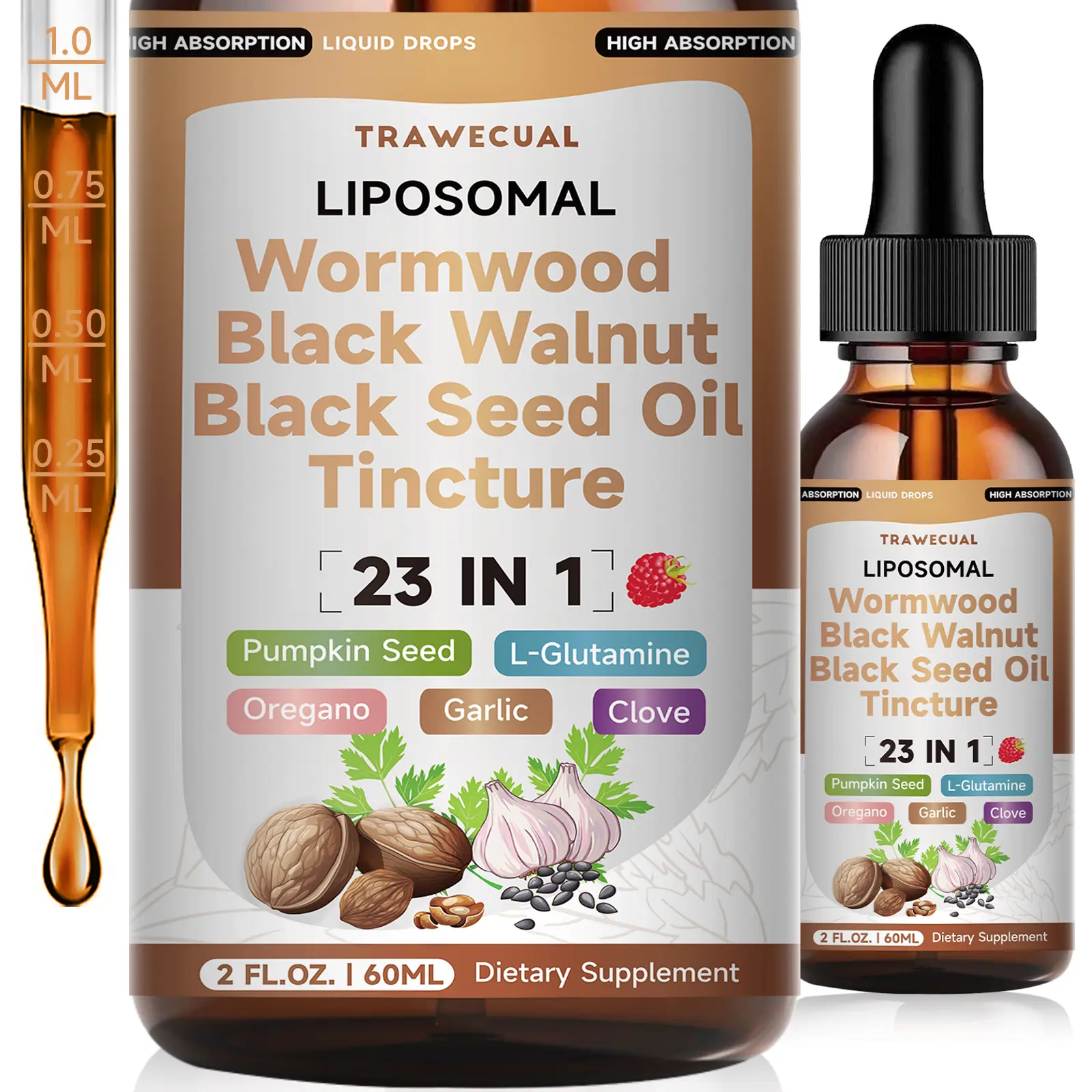 Trawecual 23-in-1 Organic Wormwood Black Walnut Liposomal Drops - 2 fl oz (60ml) Natural Dietary Supplement with Black Seed Oil, Pumpkin Seeds, Oregano, Clove, Herbs, Digestive Health, Bloated Stomach Relief, Gluten-Free Raspberry Flavor