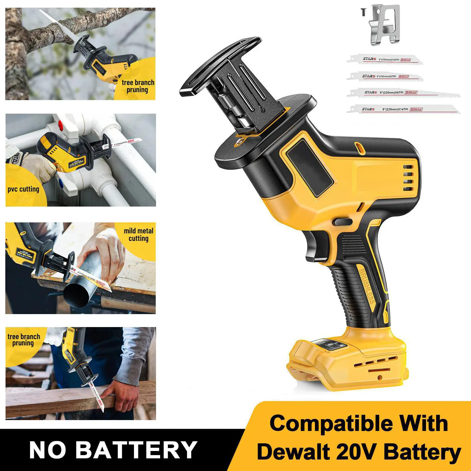 Reciprocating Saw for DeWalt 20V Battery (NO Battery!!), 3 Variable Speed, Brushless Tool-Free Blade Change, 4 Saw Blades for Metal Wood PVC Cutting