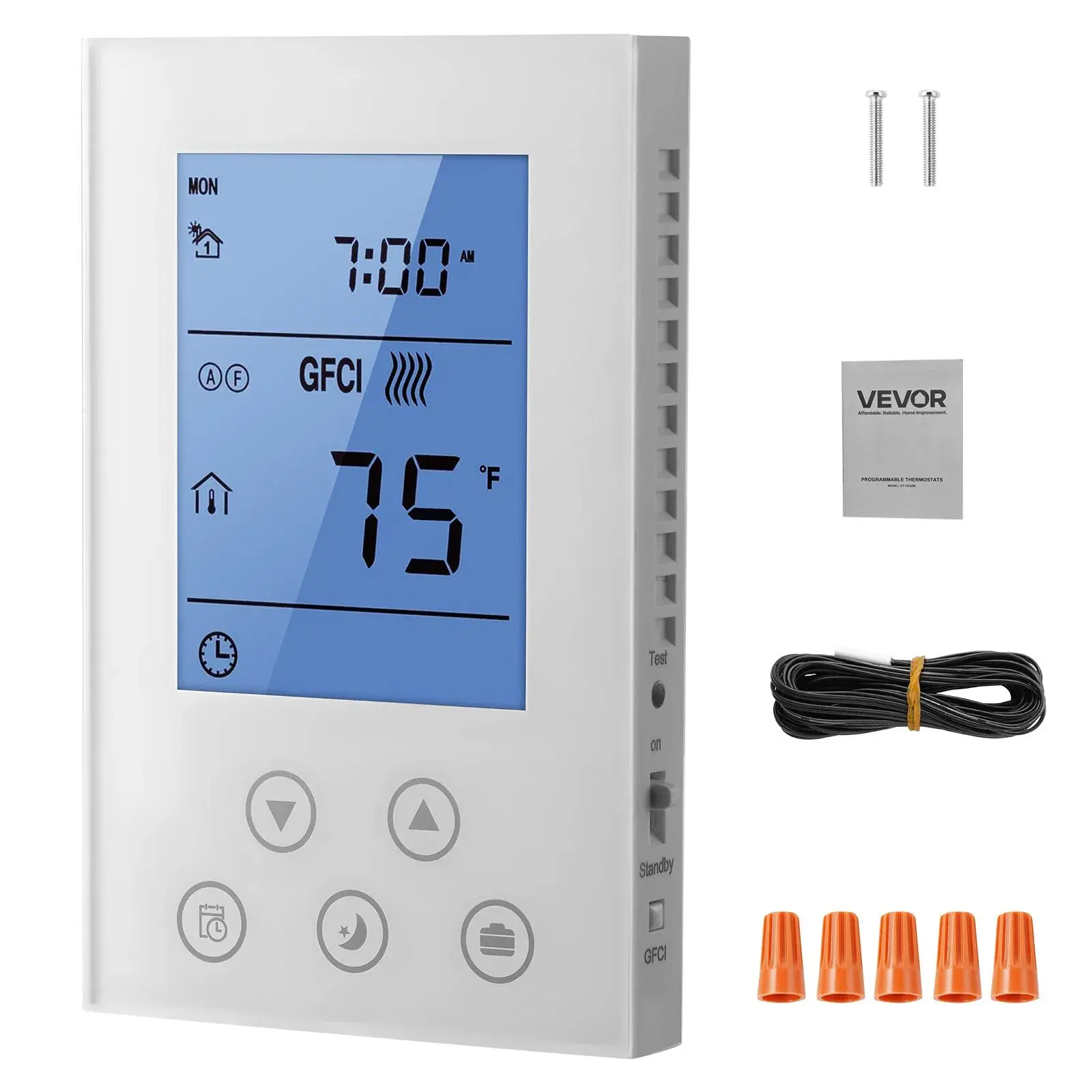 【Summerfinds】VEVOR 7-Day Programmable Thermostat - White, for Radiant Underfloor Heating Cable & Heat Pump, Built-in GFCI, Sensitive Temp Sensor, LED Backlit Display, AC Power Supply, Energy-Efficient, Easy Control, Home Improvements DIY, Sensitive Temper