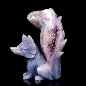 5.5" Amethyst Druzy Agate Crystal Nine Tail Fox Figurine