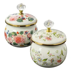 Vintage Floral Enamel Storage Jar Canister with Sealed Lid and Crystal Knob, Decorative Container for Tea Coffee Sugar Candies, Kitchen Counter Organizer, Small Ditsy Floral Enamelware Jar
