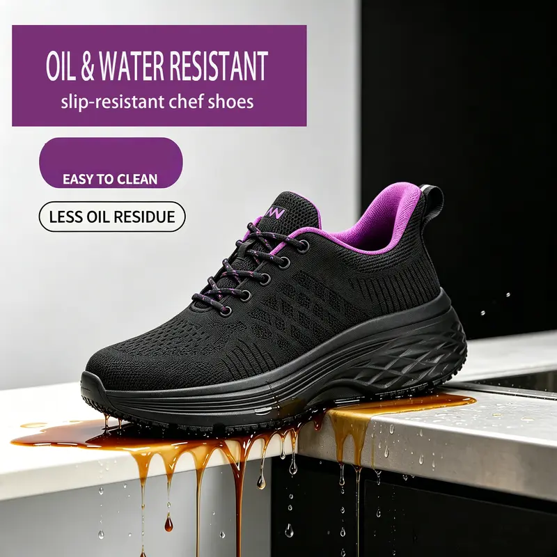 Women's Waterproof Anti-Oil Lace-Up Round Toe Non-Slip Rubber Casual Sneakers - Shoes for Women with Breathable Fabric, Comfortable Insoles, All-Seasons, All-Weather Grip for Training, Restaurant Workers