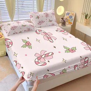 Christmas Theme Fitted Sheet Set, 1 Fitted Sheet and 2 Pillowcases, Sweet Style, Full of Holiday Fun Fitted Sheet, Soft Breathable Fabric, Perfect for Christmas Gift or Bedroom Decoration