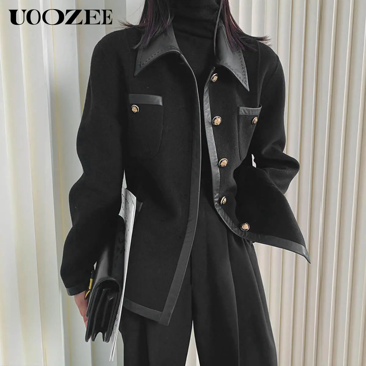 UOOZEE Women's Retro Patchwork Jacket, Basic Viscose Blend Coats for Lady with Pockets and Metal Buttons, Style, Long Sleeve, Collared, Thanksgiving, Easter, Valentines Day, Casual Chic, Business, Tops, Longsleeves, Collared Neck, Foldable