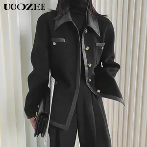UOOZEE Women's Long Sleeves Polyester Collared Coat - Autumn Winter Outfits, Loose Fit with Pockets, Personalized Patchwork, Retro Metal Buttons for Officelady Casual Wear