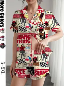 Women's Sleepwear Set, Stranger Things Printed Short Sleeve Button-Up Top & Elastic Shorts, Casual Home Wear for All Seasons, Pajamas
